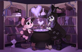 absurdres animal_ears black_dress book cat cat_ears cat_tail cauldron chlomaki dress funamusea furry gato_del_futuro grass hat heart highres oounabara_to_wadanohara open_mouth original pig pig_ears pig_tail plant potion shelf tail wadanohara witch witch_hat
