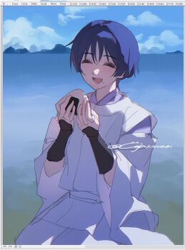 Rule 34 | 1boy, armor, art program in frame, blue sky, blunt ends, closed eyes, clothing cutout, cloud, cloudy sky, cnorkie, commentary request, eyelashes, eyeliner, food, food on face, genshin impact, hands up, happy, highres, holding, holding food, japanese armor, japanese clothes, kariginu, kimono, kote, kurokote, layered sleeves, long sleeves, lower teeth only, makeup, male focus, mountainous horizon, onigiri, open mouth, outdoors, pants, pelvic curtain, purple hair, purple kimono, purple sleeves, red eyeliner, scaramouche (genshin impact), scaramouche (kabukimono) (genshin impact), seiza, shore, shoulder cutout, sitting, sky, solo, teeth, three-quarter sleeves, twitter username, watercolor background, white pants, white sleeves, wide sleeves, wispy bangs