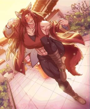 Rule 34 | 1girl, abs, absurdres, animal ear fluff, animal ears, architecture, bandaged arm, bandages, black pants, blush, boots, bracelet, breasts, brown boots, brown hair, brown tail, chinese clothes, collarbone, colored sclera, commentary, commission, courtyard, drunken fist, dusk, dutch angle, east asian architecture, eku (awastedninja), english commentary, fighting stance, fox ears, fox girl, fox tail, highres, huge breasts, jacket, jewelry, long hair, muscular, muscular female, open clothes, open jacket, open mouth, original, pants, parted bangs, pearl bracelet, plant, red jacket, red sclera, red sports bra, short eyebrows, single bare shoulder, single off shoulder, solo, sports bra, standing, standing on one leg, tail, tangzhuang, thick eyebrows, tile floor, tiles, ultragruntyy