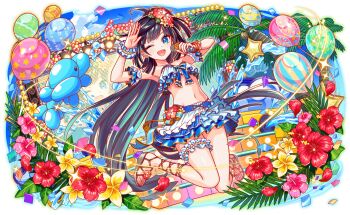 absurdly_long_hair anime_coloring aqua_bikini aqua_eyes aqua_ribbon aqua_wrist_cuffs armpits artist_request balloon balloon_animal bare_shoulders bikini bikini_ribbon bikini_skirt black_hair blue_bikini blue_ribbon blue_sky blue_sleeves blunt_bangs blunt_sidelocks blush breasts cloud cloudy_sky coconut coconut_tree confetti crash_fever cross-laced_footwear detached_sleeves earrings flower flower_bikini footwear_flower frilled_bikini frilled_sleeves frilled_thigh_strap frilled_wrist_cuffs frills full_body game_cg groin hibiscus holding holding_microphone jewelry knees_together_feet_apart leaf long_hair medium_breasts microphone navel official_art one_eye_closed open_mouth outdoors outline palm_leaf palm_tree pink_flower pinstripe_ribbon plumeria polka_dot red_flower red_outline red_petals ribbon salute screen short_sleeves sidelocks single_earring skinny sky solo sparkle speaker star_(symbol) star_balloon star_print striped_ribbon swimsuit tachi-e thigh_strap third-party_source transparent_background tree very_long_hair wanshan_caishen water_drop wedge_heels wrist_cuffs yellow_flower