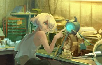 1other androgynous artist_name bare_arms bare_shoulders black_pants blonde_hair blue_eyes cable closed_mouth commentary commentary_request cowboy_shot cup decalcomanica english_commentary english_text from_behind indoors kanlamari light_smile lips looking_at_object machine midriff on_stool original other_focus pants robot saucer short_hair sitting solo steam sugar_cube table tank_top tea teacup tiramisu_(kanlamari) watermark white_tank_top workshop