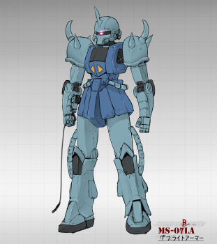 cable glowing glowing_eye gouf gundam highres holding mecha mobile_suit mobile_suit_gundam mobile_suit_gundam:_cucuruz_doan's_island no_humans one-eyed open_hand parody pink_eyes quality redesign robot sadamatsu_ryuuichi shoulder_spikes solo spikes zeon