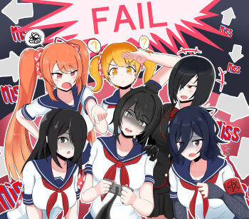 6+girls ? absurdres armband arrow_(symbol) ayano_aishi black_eyes black_gloves black_hair black_skirt black_vest blonde_hair blue_sailor_collar bob_cut bow bowtie breasts collared_shirt commentary controller elbow_gloves fingerless_gloves gloves grey_eyes grey_gloves hair_ornament hair_over_one_eye hair_scrunchie half-closed_eyes hanako_yamada hand_on_another's_shoulder highres holding holding_controller horuda_puresu jakky_jakigann layered_clothes long_sleeves messy_hair multiple_girls neckerchief nemesis-chan oka_ruto_(yandere_simulator) orange_eyes orange_hair osana_najimi_(yandere_simulator) partially_shaded_face pink_scrunchie polka_dot polka_dot_scrunchie ponytail print_gloves purple_eyes raibaru_fumetsu red_armband red_bow red_bowtie red_eyes red_neckerchief sailor_collar school_uniform scrunchie serafuku shirt short_sleeves short_twintails skirt spider_web_print spoken_question_mark spoken_squiggle squiggle striped_clothes striped_collar sweat twintails vest white_serafuku white_shirt yandere_simulator yellow_eyes