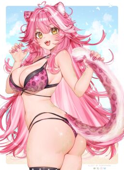 1girl ahoge animal_ear_fluff animal_ears animal_print artist_name ass bikini bluesky_logo blush border breasts claw_pose commentary cowboy_shot english_commentary fangs fingernails from_side highleg highleg_bikini highres holding_own_tail hololive hololive_english instagram_logo large_breasts layered_bikini leopard_print leopard_print_bikini long_fingernails long_hair looking_at_viewer multicolored_hair nail_art nail_polish navel official_alternate_costume open_mouth outside_border panther_ears panther_girl panther_tail pink_bikini pink_hair pink_nails print_bikini puppypaww raora_panthera raora_panthera_(holonatsu_paradise) sand smile solo standing star_(symbol) star_in_eye streaked_hair swimsuit symbol_in_eye tail thigh_strap thong_bikini twitter_x_logo very_long_fingernails very_long_hair vgen_logo virtual_youtuber white_border white_hair yellow_eyes