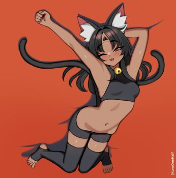 1girl :3 animal_ear_fluff animal_ears arms_behind_head arms_up artist_name bell black_hair black_shirt black_shorts black_skin black_theme black_thighhighs blush breasts cat_ears cat_girl cat_tail colored_skin dark_skin facial_mark feet forehead_mark half-closed_eyes jingle_bell jumping kuroonehalf long_hair looking_at_viewer lying midriff multiple_tails navel neck_bell nekomata nekomiya_mana one_eye_closed open_mouth orange_background red_eyes shirt shorts sleeveless sleeveless_shirt small_breasts smile stomach stretching tail thighhighs thighs toeless_legwear toes wink zenless_zone_zero zettai_ryouiki