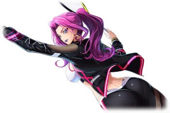 1girl arm_up artist_request ass back black_jacket black_leggings breasts clothing_cutout code_geass code_geass:_lost_stories cornelia_li_britannia cowboy_shot cropped_legs dimples_of_venus dutch_angle earrings female_focus forehead from_behind game_cg hair_intakes hand_up happy highres holding holding_tennis_racket jacket jewelry leggings lipstick long_hair long_sleeves looking_at_viewer makeup medium_breasts midriff non-web_source official_art pantylines parted_lips pink_trim playing_sports purple_eyes purple_hair purple_lips serving_(sports) shiny_clothes sidelocks simple_background smile solo sports_bra sportswear standing sweat teeth tennis tennis_racket transparent_background white_sports_bra zipper