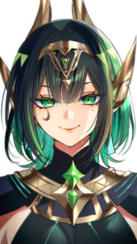 1girl absurdres breasts chest_jewel earrings eye_tattoo genshin_impact green_eyes green_hair green_shirt headpiece highres jewelry large_breasts looking_at_viewer medium_hair murakami_yuichi nefer_(genshin_impact) shirt smile solo tattoo usekh_collar