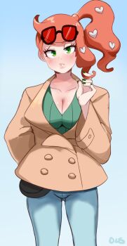 Rule 34 | 0lightsource, 1girl, :o, artist name, bag, blue background, blush, breasts, cleavage, coat, collarbone, cowboy shot, eyewear on head, female focus, green eyes, hair ornament, heart, heart hair ornament, large breasts, lips, long sleeves, looking at viewer, nail polish, nintendo, open mouth, orange hair, pants, pokemon, pokemon swsh, shiny skin, side ponytail, signature, simple background, solo, sonia (pokemon), standing, sunglasses, trench coat