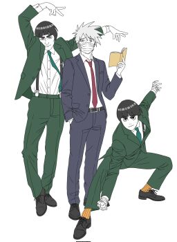 Rule 34 | 3boys, arm above head, bandaged hand, bandages, belt, black belt, black eyes, black hair, black jacket, black pants, black shoes, black suit, blunt bangs, book, bowl cut, clenched hand, closed mouth, collared shirt, dress shoes, formal clothes, full body, green jacket, green necktie, green pants, green suit, grey hair, hair between eyes, hand in pocket, hatake kakashi, highres, holding, holding book, jacket, light smile, lunging, male focus, mask, might guy, mouth mask, multiple boys, naruto (series), naruto shippuuden, necktie, orange socks, pants, red necktie, ribbed socks, rock lee, scar, scar across eye, scar on face, shirt, shoes, short hair, socks, spiked hair, standing, suit, suit jacket, surgical mask, suspenders, sweatdrop, thanhvy0231, thick eyebrows, watch, white background, white shirt, wristwatch
