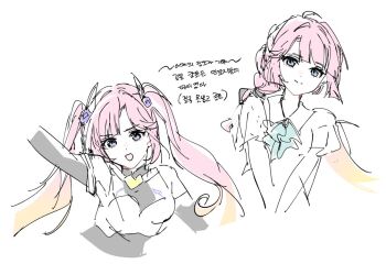 Rule 34 | 1girl, :d, anyoji hime, black bodysuit, blonde hair, blue eyes, bodysuit, breasts, c (p0t3c1), closed mouth, commentary request, dream believers, fanfare!!! (love live!), gradient hair, korean commentary, korean text, link! like! love live!, love live!, medium breasts, multicolored hair, multiple views, open mouth, pink hair, smile, split mouth, translation request, twintails, v arms, virtual youtuber