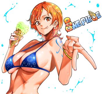 1girl :p absurdres armpit_crease bangle bare_shoulders bikini blue_bikini bracelet breasts cleavage closed_mouth collarbone commentary_request copyright_name earrings food halterneck highres holding holding_ice_cream_cone ice_cream ice_cream_cone jewelry large_breasts looking_at_viewer nadainishi nami_(one_piece) navel one_piece orange_eyes orange_hair pearl_earrings short_hair shoulder_tattoo simple_background skindentation smile solo stomach swimsuit tattoo tongue tongue_out upper_body v water wavy_hair white_background