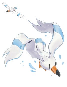 animal_focus bairizuomeng beak bird black_eyes blue_feathers feathers full_body gen_3_pokemon highres looking_at_viewer nintendo no_humans pokemon pokemon_(creature) pokemon_focus reference_inset simple_background solo standing white_background white_feathers wingull