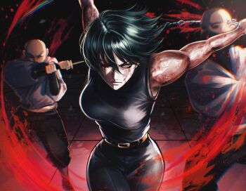 1girl 2boys bare_shoulders belt biceps black_belt black_hair black_pants black_shirt blood blood_splatter burn_scar closed_mouth holding holding_weapon japanese_clothes jeongjyoni jujutsu_kaisen lips long_sleeves looking_at_viewer medium_hair multiple_boys muscular muscular_female one_eye_closed pants scar scar_across_eye scar_on_face shirt sleeveless sleeveless_shirt weapon white_shirt yellow_eyes zen'in_maki