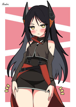 Rule 34 | 1girl, absurdres, arknights, artist name, bare shoulders, black hair, black horns, black skirt, black sleeves, blush, closed mouth, commentary request, cowboy shot, detached sleeves, hendra, highres, horns, ines (arknights), jitome, long hair, looking at viewer, mixed-language commentary, notice lines, partial commentary, red background, romaji commentary, signature, simple background, skirt, solo, thick thighs, thigh gap, thighs, yellow eyes