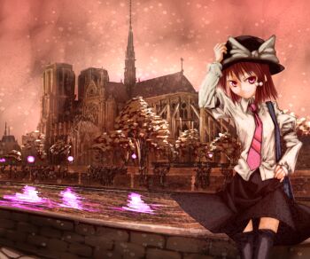 1girl architecture black_hat black_skirt bow cathedral church cowboy_shot facing_viewer female_focus flying_buttress ghostly_field_club gothic_architecture hand_on_headwear hand_on_own_hip hat hat_bow looking_at_viewer necktie notre_dame_de_paris outdoors pink_eyes pink_necktie river ruka scenery shirt short_hair skirt sky snow solo standing thighhighs touhou tree usami_renko white_bow white_shirt