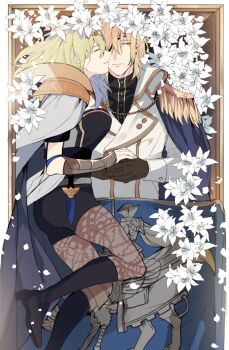 1boy 1girl black_boots black_jacket black_shorts blonde_hair boots breasts brown_gloves brown_pantyhose cape closed_eyes coat coffin corpse dagger death dimitri_alexandre_blaiddyd dimitri_alexandre_blaiddyd_(timeskip) eyepatch female_byleth_(awakened)_(fire_emblem) female_byleth_(enlightened_one)_(fire_emblem) female_byleth_(fire_emblem) fire_emblem fire_emblem:_three_houses flower gloves green_hair jacket kiss knee_boots knife llldmlslll lying medium_breasts medium_hair nintendo official_alternate_costume on_back on_side pantyhose short_hair shorts weapon white_cape white_coat