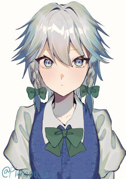 Rule 34 | 1girl, absurdres, blue dress, blue eyes, bow, bowtie, braid, collared shirt, commentary request, dress, green bow, green bowtie, grey hair, hair between eyes, hair bow, highres, izayoi sakuya, long hair, neruko (piano00324), pinafore dress, shirt, sleeveless, sleeveless dress, solo, touhou, twin braids, twitter username, white shirt