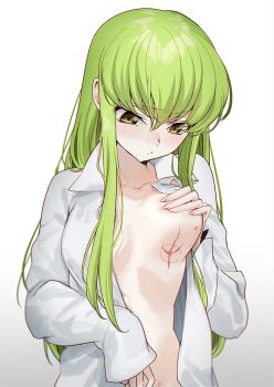 1girl bite_mark breast_lift breasts c.c. code_geass collarbone creayus grabbing_own_breast green_hair grey_shirt hickey long_hair medium_breasts open_clothes open_shirt shirt simple_background solo white_background yellow_eyes