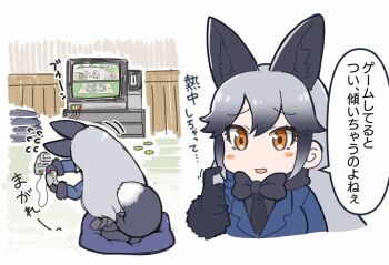 10s 1girl animal_ears blush commentary_request controller flying_sweatdrops fox_ears fox_tail game_console game_controller head_tilt indoors jacket kemono_friends long_hair mario_(series) mario_kart nintendo pantyhose playing_games silver_fox_(kemono_friends) silver_hair sitting skirt speech_bubble super_famicom super_mario_kart tail tanaka_kusao tatami television translation_request video_game