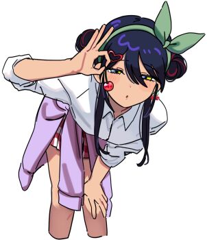 1girl alternate_costume anyaaa66 black_hair cardigan cardigan_around_waist cherry cherry_earrings clothes_around_waist collared_shirt double_bun earrings food food-themed_earrings food_themed_earrings fruit green_ribbon gundam gundam_gquuuuuux gyaru hair_bun hair_ornament hair_ribbon hand_on_own_knee heart heart_hair_ornament highres holding_cherry jewelry looking_at_viewer nyaan_(gundam_gquuuuuux) parted_lips pleated_skirt purple_cardigan red_skirt ribbon shirt sidelocks skirt solo white_shirt yellow_eyes