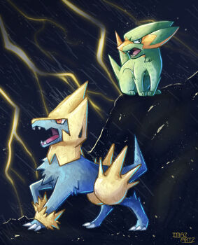 animal_focus artist_name black_eyes bright_pupils claws commentary electricity electrike english_commentary evolutionary_line fangs full_body gen_3_pokemon imazartz lightning manectric nintendo no_humans open_mouth pokemon pokemon_(creature) pokemon_focus rain white_eyes white_pupils