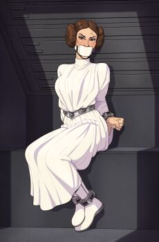 1girl ankle_cuffs bdsm bondage bound bound_ankles bound_wrists brown_eyes brown_hair dress gagged highres looking_at_viewer princess_leia sitting skelebomb solo star_wars sweat white_dress wrist_cuffs
