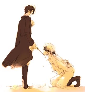 2boys arms_behind_back austria_(hetalia) axis_powers_hetalia baton bdsm blindfold blonde_hair brown_hair france_(hetalia) kneeling lowres male_focus master multiple_boys restrained short_hair slave yaoi