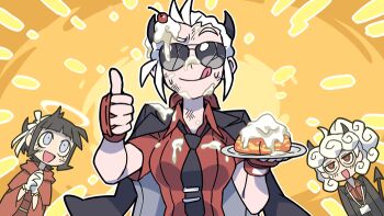 3girls azazel_(helltaker) black_gloves broken_eyewear cinnamon_roll demon_girl demon_horns demon_tail food glasses gloves helltaker holding holding_plate horns justice_(helltaker) kyo-hei_(kyouhei) modeus_(helltaker) multiple_girls necktie pastry plate red_shirt shirt tail thumbs_up tongue tongue_out white_gloves