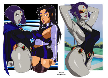 2girls absurdres after_kiss arms_up artist_request ass bare_legs black_leotard blackfire blush breasts cape clothing_aside covered_navel cowboy_shot curvy day dc_comics expressionless facial_mark fat_mons forehead_mark french_kiss from_below garter_straps highleg highleg_one-piece_swimsuit highres kiss large_breasts leotard leotard_aside long_hair looking_at_viewer medium_hair multiple_girls one-piece_swimsuit open_mouth pubic_hair pubic_hair_peek pubic_stubble purple_cape purple_eyes purple_hair pussy pussy_juice pussy_peek raven_(dc) saliva saliva_trail short_hair simple_background solo speech_bubble sunglasses swimsuit talking teen_titans teeth thong_leotard thong_one-piece_swimsuit tongue tongue_out white_background wide_hips yuri