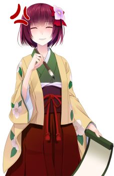 Rule 34 | 1girl, ^ ^, anger vein, closed eyes, commentary request, cowboy shot, crote, facing viewer, floral print, floral print kimono, flower, green kimono, hair flower, hair ornament, hakama, hakama skirt, hand up, hieda no akyuu, highres, holding, holding paintbrush, holding scroll, japanese clothes, kimono, large variant set, obi, obijime, open clothes, open kimono, paintbrush, parted lips, print kimono, purple hair, purple sash, red hakama, sash, scroll, short hair, skirt, smile, solo, standing, tachi-e, touhou, transparent background, variant set, yellow kimono