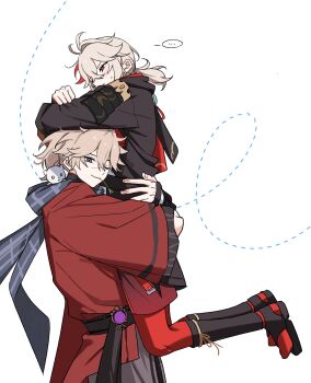 ... 2boys antenna_hair armor black_gloves black_haori black_sandals black_sash blue_scarf blush brown_hair carrying cat closed_mouth commentary_request crossed_bangs fingerless_gloves flustered genshin_impact gloves hair_between_eyes hair_intakes haori high_ponytail highres hug japanese_armor japanese_clothes kaedehara_kazuha kazuha's_friend_(genshin_impact) korean_commentary long_sleeves looking_at_viewer looking_to_the_side low_ponytail male_focus mouth_hold multicolored_hair multiple_boys obi one_eye_closed pantyhose ponytail purple_eyes red_eyes red_hair red_haori red_pantyhose red_shorts sandals sash scar scar_on_face scar_on_nose scarf shorts shoulder_armor simple_background single_sode smile sode speech_bubble spoken_ellipsis stalk_in_mouth streaked_hair sweatdrop ttuyer0 vision_(genshin_impact) white_background white_cat white_hair wide_sleeves