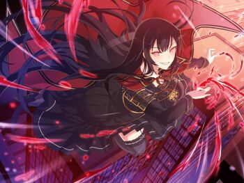 1girl armor ass black_footwear black_garter_straps black_hair black_serafuku blush breastplate breasts building cape city cityscape collarbone emblem energy flying garter_straps hair_between_eyes japanese_armor kagura_(senran_kagura) lace lace-trimmed_thighhighs lace_trim large_breasts long_hair long_skirt looking_at_viewer magic official_art outdoors railing red_cape red_eyes road rooftop school_uniform senran_kagura senran_kagura_new_link serafuku shiny_skin shoulder_armor skirt skyscraper smile smirk sode solo street symbol-shaped_pupils thighhighs very_long_hair window yaegashi_nan