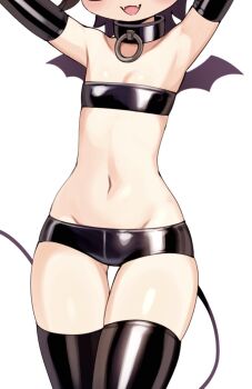 1girl armpits arms_up batrobin_k black_gloves black_thighhighs blush breasts brown_hair collar cosplay demon_girl demon_tail demon_wings disgaea elbow_gloves etna_(disgaea) etna_(disgaea)_(cosplay) fangs gloves groin head_out_of_frame highres latex latex_gloves latex_legwear loli navel open_mouth original robin_(batrobin_k) shiny_clothes short_hair simple_background small_breasts smile solo stomach strapless tail thigh_gap thighhighs white_background wings