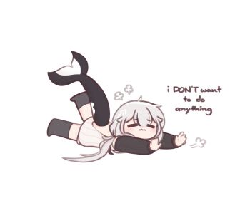 1girl =_= artist_self-insert black_hair black_sleeves black_thighhighs blush cetacean_tail chibi chonkyorca closed_eyes closed_mouth commentary detached_sleeves english_text fins fish_tail full_body grey_hair hair_between_eyes long_sleeves lying multicolored_hair no_shoes on_stomach orca_(chonkyorca) original outstretched_arms puffy_long_sleeves puffy_sleeves ribbed_sweater simple_background solo streaked_hair sweater symbol-only_commentary tail thighhighs wavy_mouth white_background white_sweater