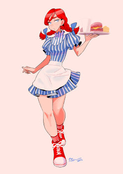 1girl blue_eyes bow braid burger callan_(callancoe) cup disposable_cup dress female_focus food freckles french_fries full_body hair_bow highres holding long_hair looking_at_viewer pink_background puffy_sleeves red_hair simple_background sock socks solo striped_clothes striped_dress striped_socks tray twin_braids twintails vertical_stripes wendy&#039;s wendy_(wendy&#039;s)