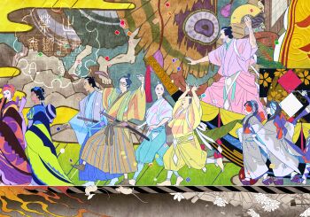 Rule 34 | 4girls, 6+boys, absurdres, aqua pants, arm hair, back bow, bangs pinned back, barefoot, black hair, blue hakama, blue kimono, blue socks, bow, brown hair, brown hakama, brown kimono, brown socks, chonmage, commentary request, dark skin, facepaint, facial hair, from side, gekijouban mononoke, green kimono, grey kimono, hair ornament, hair stick, hair tubes, hakama, hand fan, highres, holding, holding fan, japanese clothes, kataginu, kimono, kiseru, kyahan, long hair, mizorogi futsukazuki, mizorogi hokuto, mizorogi mikazuki, mononoke, motoyui, mouse (animal), multicolored kimono, multiple boys, multiple girls, mural, naoi masako, nihongami, obi, okobo, orange hair, orange kimono, otomo botan, pants, paper texture, parade, partially colored, pink hakama, platform sandals, profile, purple kimono, purple sandals, saga hiramoto, sakashita (mononoke), sandals, sash, shaved head, siblings, smoking pipe, socks, split theme, stubble, tasuki, tokita fuki, tokita saburoumaru, topknot, twins, undercut, unnamed short palace guard (mononoke), unnamed tall palace guard (mononoke), walking, watermark, yellow kimono, yellow pants