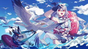 1girl :d absurdres armpits bird black_gloves blue_sky chinese_commentary cloud commentary_request fingerless_gloves gloves goggles goggles_around_neck grey_hair hair_between_eyes herrscher_of_sentience herrscher_of_sentience_(ooh!_summer!) high_ponytail highres holding holding_swim_ring honkai_(series) honkai_impact_3rd innertube jingwei_(bird) long_hair open_mouth ponytail red_eyes seagull sky smile solo swim_ring too_many too_many_birds very_long_hair visor_cap wading water yellow_pupils zhaonan