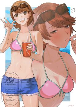 1girl bare_arms bare_shoulders beach bikini black-framed_eyewear blue_shorts blue_sky blue_trim blush border breasts brown_eyes brown_hair cellphone cleavage closed_mouth collarbone commentary_request cowboy_shot cup cutoffs drinking_glass drinking_straw earrings eyewear_on_head flip_phone front-tie_bikini_top front-tie_top halterneck highres holding holding_cup jewelry looking_at_viewer medium_breasts multiple_views navel nmr_(nemuro) official_alternate_costume open_mouth outdoors persona persona_3 phone pink_bikini short_hair short_shorts shorts sky stomach string_bikini string_bra stud_earrings sunglasses sweat swimsuit takeba_yukari teeth upper_body upper_teeth_only w wet white_border