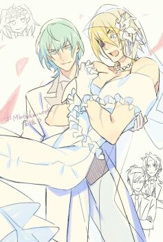 1girl 4boys bara bare_shoulders bead_necklace beads blonde_hair blue_eyes blush bridal_veil bride male_byleth_(awakened)_(fire_emblem) male_byleth_(fire_emblem) carrying collarbone commentary couple crossdressing dimitri_alexandre_blaiddyd dress eyepatch felix_hugo_fraldarius fire_emblem fire_emblem:_three_houses flower frilled_dress frilled_gloves frills gloves green_eyes green_hair hair_between_eyes hair_flower hair_ornament hands_up highres jacket jewelry long_dress looking_at_another male_bride male_focus medium_hair multiple_boys necklace necktie nintendo one_eye_covered open_mouth own_hands_clasped pants pectoral_cleavage pectorals princess_carry scar scar_on_arm scar_on_chest scar_on_pecs shirt short_hair simple_background smile sothis_(fire_emblem) strapless strapless_dress sweatdrop sylvain_jose_gautier veil vest wa_fe wedding wedding_dress white_background white_dress white_gloves white_jacket white_pants white_shirt white_vest yaoi