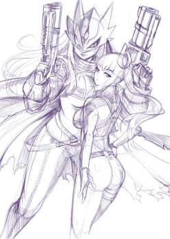 beelstarmon belt black_coat black_gloves black_mask black_pants blonde_hair blue_mask breasts coat cropped_vest derringer digimon digimon_(creature) digimon_story:_time_stranger eye_mask gloves gun handgun highres holding holding_weapon jacket large_breasts leather leather_jacket leather_pants long_hair mask multiple-barrel_gun navel pants ravenhart shiroki_asuna simple_background sketch third_eye tight_clothes tight_pants underboob vest weapon yuri