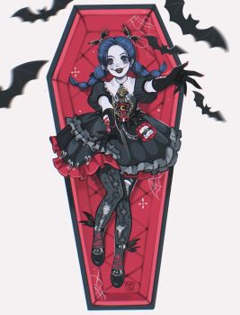 1girl ankle_bow ankle_ribbon bat_(animal) black_bow black_dress black_eyes black_gloves black_lips black_pantyhose black_shoes blue_hair bow braid center_frills coffin collared_dress commentary crescent_print cross-laced_armwear cross-laced_clothes cross-laced_dress dream-like_night_(infinity_nikki) dress english_commentary eyelashes fangs fingernails forehead frilled_dress frills full_body gloves grey_background hair_bow halloween happy highres infinity_nikki leaning_forward light_blush lipstick long_hair low_twin_braids lying makeup multiple_hair_bows nikki_(series) on_back open_mouth outstretched_arms pale_skin pantyhose pocket print_dress print_pantyhose puffy_short_sleeves puffy_sleeves ribbon sennydoesarty sharp_fingernails shoes short_dress short_sleeves signature silk simple_background smile solo spider_web stitched_mouth stitches teeth torn_clothes torn_pantyhose twin_braids vertical-striped_sleeves waist_bow