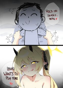 1boy 1girl assertive_female blonde_hair blue_archive blush comic demon_girl demon_horns doodle_sensei_(blue_archive) english_text flying_sweatdrops gen_(unzzenasd) girl_on_top glowing glowing_eyes halo hetero highres horns ibuki_(blue_archive) licking_lips loli long_hair looking_at_viewer pointy_ears sensei_(blue_archive) side_ponytail smile speech_bubble sweat tongue tongue_out upper_body yellow_eyes yellow_halo