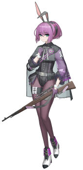 1girl absurdres animal_ears aqua_eyes boots carcano_m91/38_(girls&#039;_frontline) cheogtanbyeong commentary_request fake_animal_ears frilled_sleeves frills girls&#039;_frontline gloves high_heel_boots high_heels highres jacket korean_commentary leotard looking_at_viewer purple_gloves purple_hair purple_thighhighs rabbit_ears short_hair solo standing thigh_strap thighhighs white_background