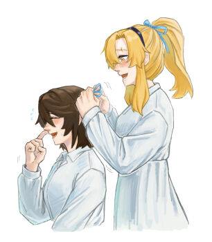 Rule 34 | 2girls, :d, blonde hair, blush, brown hair, commentary, cropped torso, dress, gmeg011, green ribbon, hair ribbon, hand up, highres, koishikawa iko, long hair, long sleeves, lower teeth only, medium hair, momijiyama teru, multiple girls, open mouth, orange eyes, ponytail, ribbon, scar, scar across eyebrow, scar on face, shy (series), simple background, smile, symbol-only commentary, teeth, white background, white dress