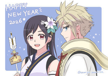 1boy 1girl 2026 arrow_(projectile) asami_yutori bare_shoulders black_hair blonde_hair blue_background blue_eyes border closed_mouth cloud_strife cloud_strife_(official_festive_garb) commentary_request dated earrings final_fantasy final_fantasy_vii final_fantasy_vii:_ever_crisis flower from_side hair_ornament hamaya happy_new_year holding holding_arrow japanese_clothes jewelry kimono long_hair looking_at_viewer new_year official_alternate_costume open_mouth outside_border profile red_eyes scarf short_hair sleeveless sleeveless_kimono smile spiked_hair tassel tassel_earrings tifa_lockhart tifa_lockhart_(festive_blue_daffodil_attire) twitter_username upper_body white_border white_flower white_kimono yellow_scarf