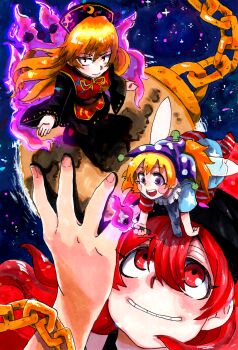 3girls american_flag american_flag_dress american_flag_legwear american_flag_print arm_up bent_over black_dress black_hat blonde_hair blush_stickers chain clownpiece crescent dalachi_(headdress) dress fairy_wings flag_print fox_tail grin hair_between_eyes hat hecatia_lapislazuli highres holding holding_torch inuyama_konan jester_cap junko_(touhou) long_hair looking_up moon_(ornament) multiple_girls multiple_tails neck_ruff pantyhose purple_eyes purple_hat red_eyes red_hair red_tabard sky smile standing standing_on_another&#039;s_head standing_on_one_leg star_(sky) starry_sky tabard tail torch touhou underworld_(ornament) upturned_eyes wings