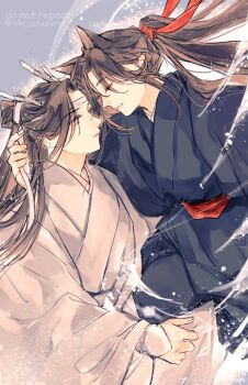 2boys aki_uzuzame animal_ears bishounen black_hair black_hanfu brown_hair carrying carrying_person chinese_clothes closed_eyes closed_mouth commentary_request couple dragon_boy dragon_horns eastern_dragon_horns floating_hair fox_boy fox_ears hair_ribbon hanfu headband highres holding holding_ribbon horns kemonomimi_mode lan_wangji light_particles long_hair long_sleeves looking_at_another male_focus modao_zushi multiple_boys ponytail profile red_ribbon red_sash ribbon robe sash sidelocks sleeves_past_wrists smile smoke topknot twitter_username wei_wuxian white_hanfu white_headband white_ribbon wide_sleeves xiao_guan_(headdress) yaoi