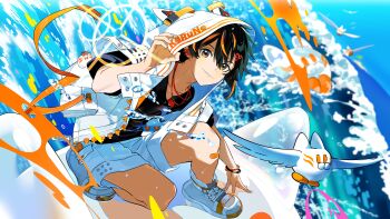 1boy absurdres adjusting_hood arm_up artist_request black_hair black_shirt blue_sky blurry borrowed_character bracelet closed_mouth commission creature day depth_of_field highres hood hood_up hoodie jewelry karuno_(karuno_219) lens_flare looking_at_viewer male_focus mascot midair multicolored_hair necklace ocean on_animal on_one_knee open_clothes open_hoodie orange_hair original second-party_source shirt shoes short_hair shorts sky smile solo streaked_hair waves white_hoodie white_shoes white_shorts