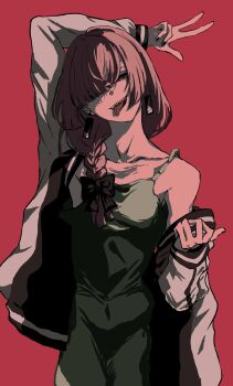 1girl arm_up black_bow black_nails bocchi_the_rock! bow braid dress earrings green_dress hair_bow highres hiroi_kikuri jacket jewelry long_hair looking_at_viewer nail_polish open_clothes open_jacket open_mouth purple_hair sharp_teeth single_braid solo teeth tongue tongue_out white_jacket yukahire