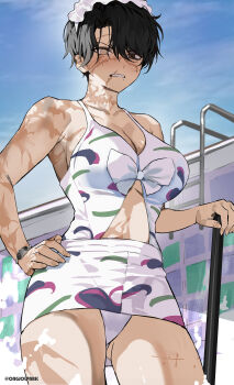 1girl absurdres bare_shoulders blind_eye bracelet breasts chest_bow cleavage clothing_cutout commentary cowboy_shot english_commentary halterneck hand_on_own_hip highres jewelry large_breasts looking_at_viewer maid_headdress midriff mole mole_on_breast mole_under_mouth notched_ear one-piece_swimsuit original outdoors panties pantyshot park_ongjol parted_lips partially_blind pool pool_ladder ribbon scar scar_across_eye scar_on_arm scar_on_breasts scar_on_face scar_on_forehead scar_on_hand scar_on_head scar_on_leg scar_on_mouth scar_on_neck scar_on_stomach scarred_tomboy_maid_(park_ongjol) short_hair skirt solo stomach_cutout swimsuit tile_wall tiles tomboy underwear v-shaped_eyebrows white_one-piece_swimsuit